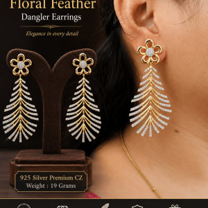 Floral Feather Premium CZ Dangler Earrings in 925 Sterling Silver