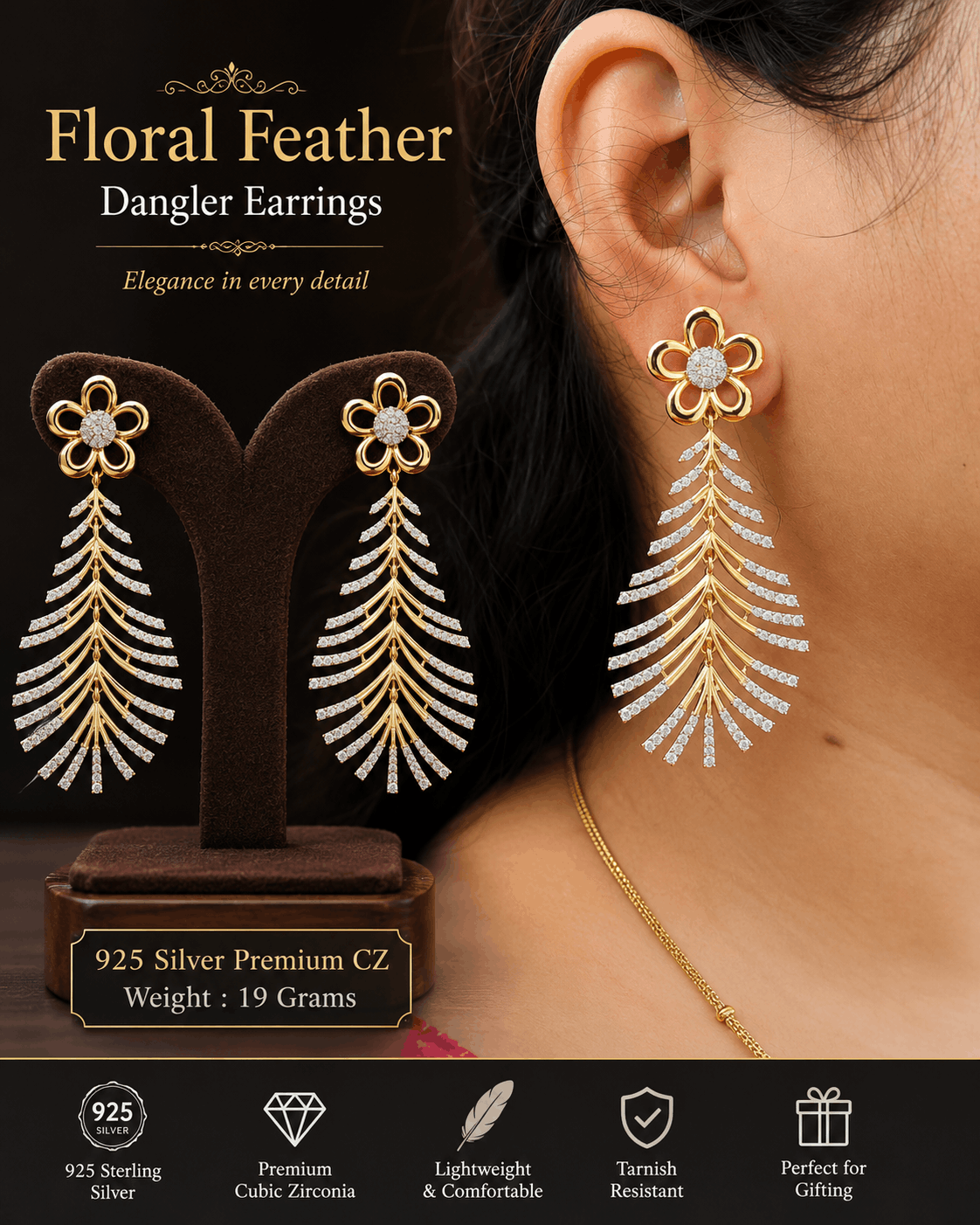 Floral Feather Premium CZ Dangler Earrings in 925 Sterling Silver