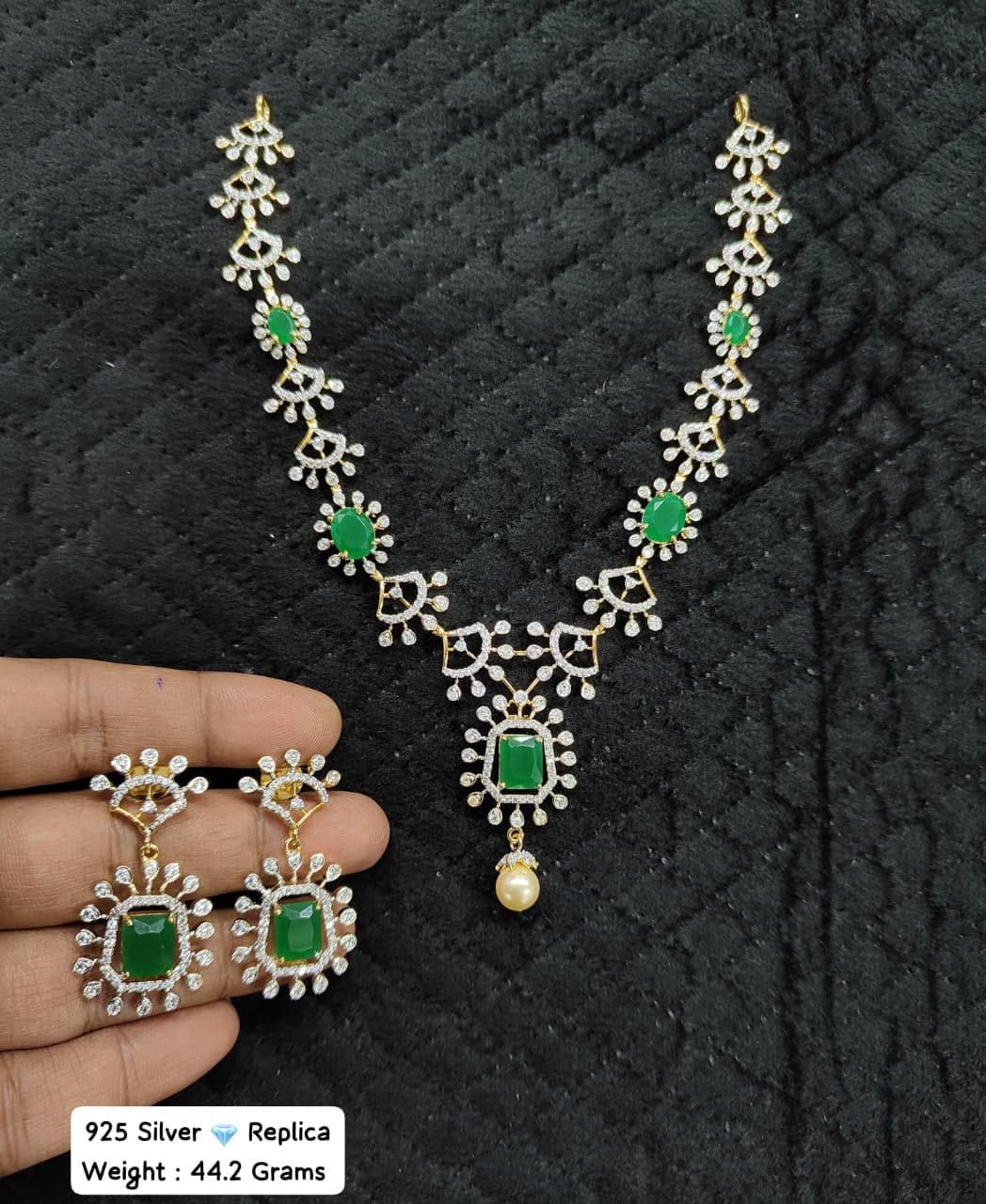 Emerald Radiance Diamond Replica Necklace Set in 925 Sterling Silver